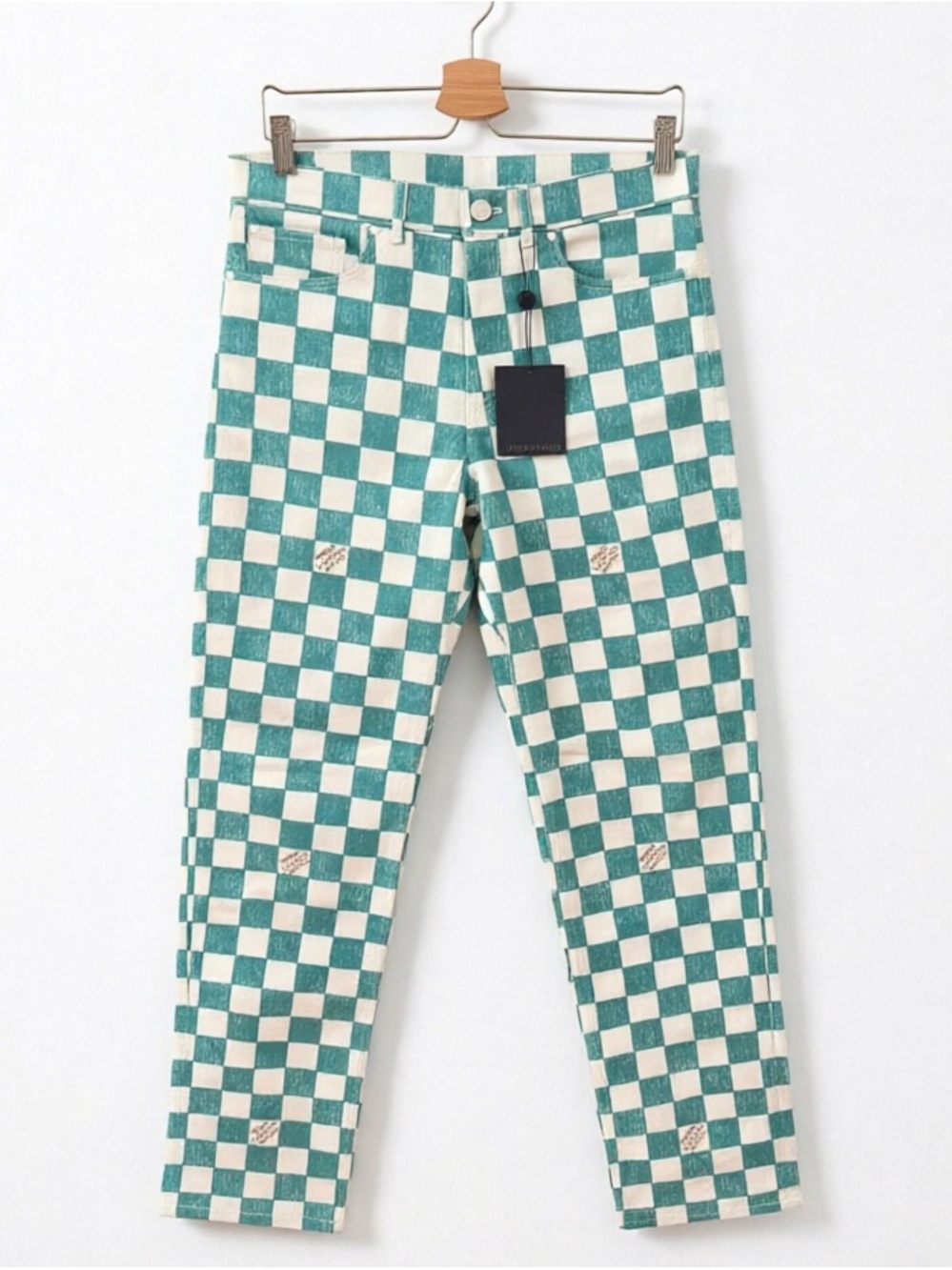 Louis Vuitton Teal and Cream Checkerboard Cotton Pants